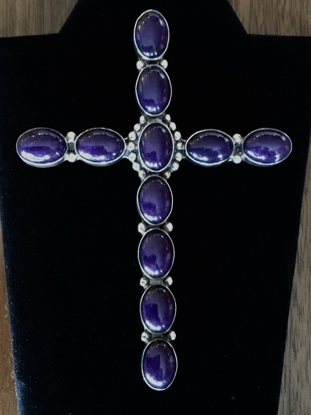 Vintage Cabochon Sugilite and Silver Large Cross with Hook on the Back